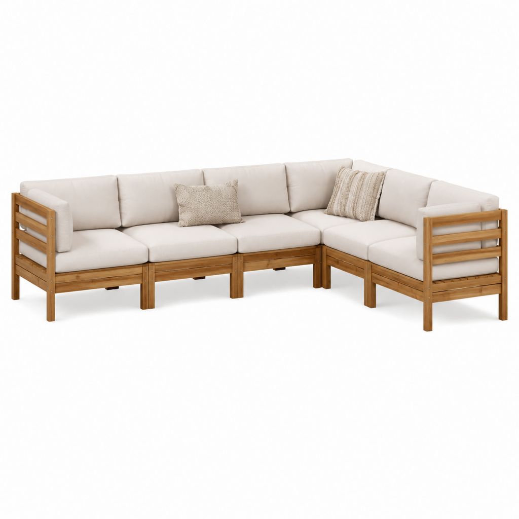 Canapé de jardin d'angle modulable 5 places en acacia massif naturel avec coussins écru 280 x 210 x 75 cm