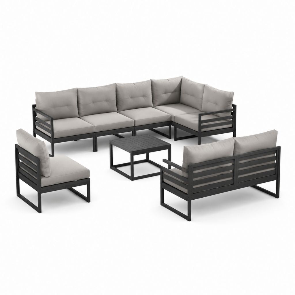 Salon de jardin 6 places en aluminium noir avec coussins gris et table basse 246 x 246 cm
