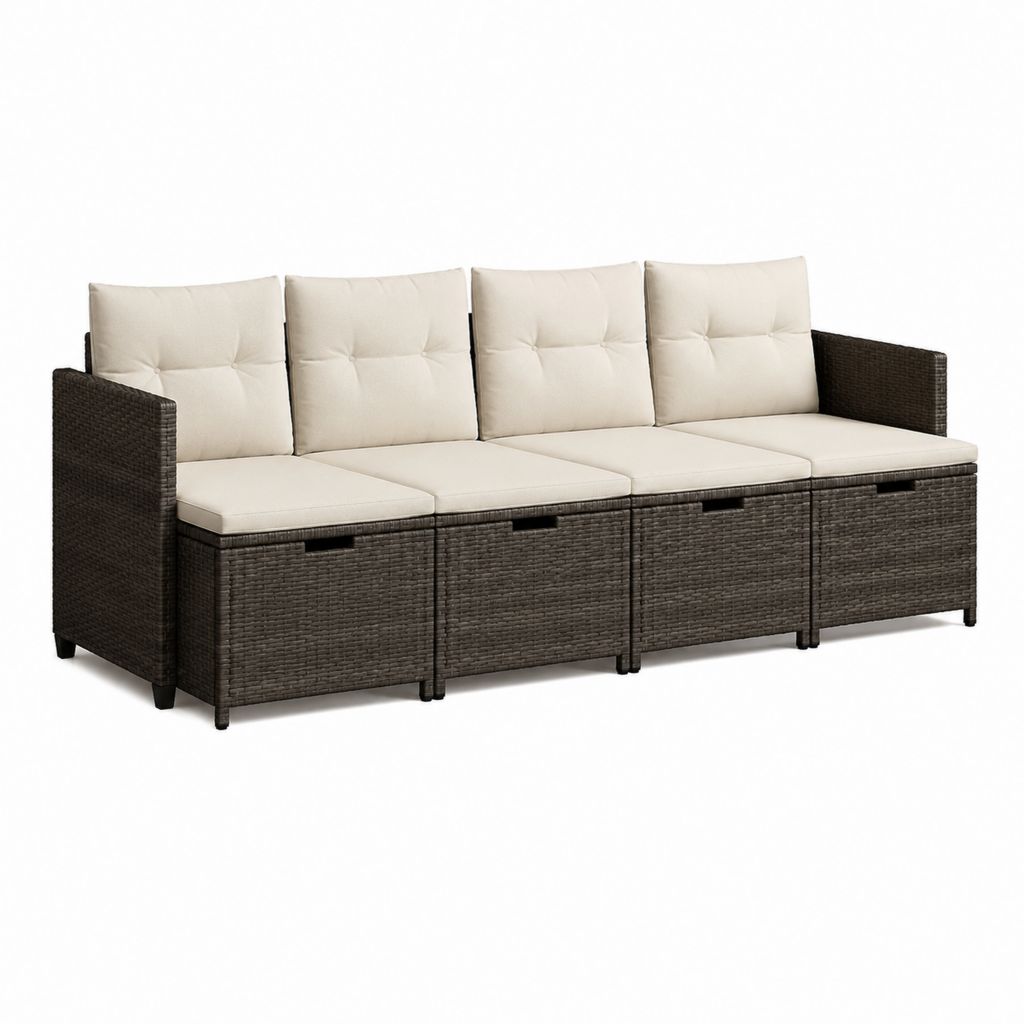 Canapé de jardin 4 places avec rangement brun en résine tressée PE 280 x 70 x 60 cm avec coussins crème