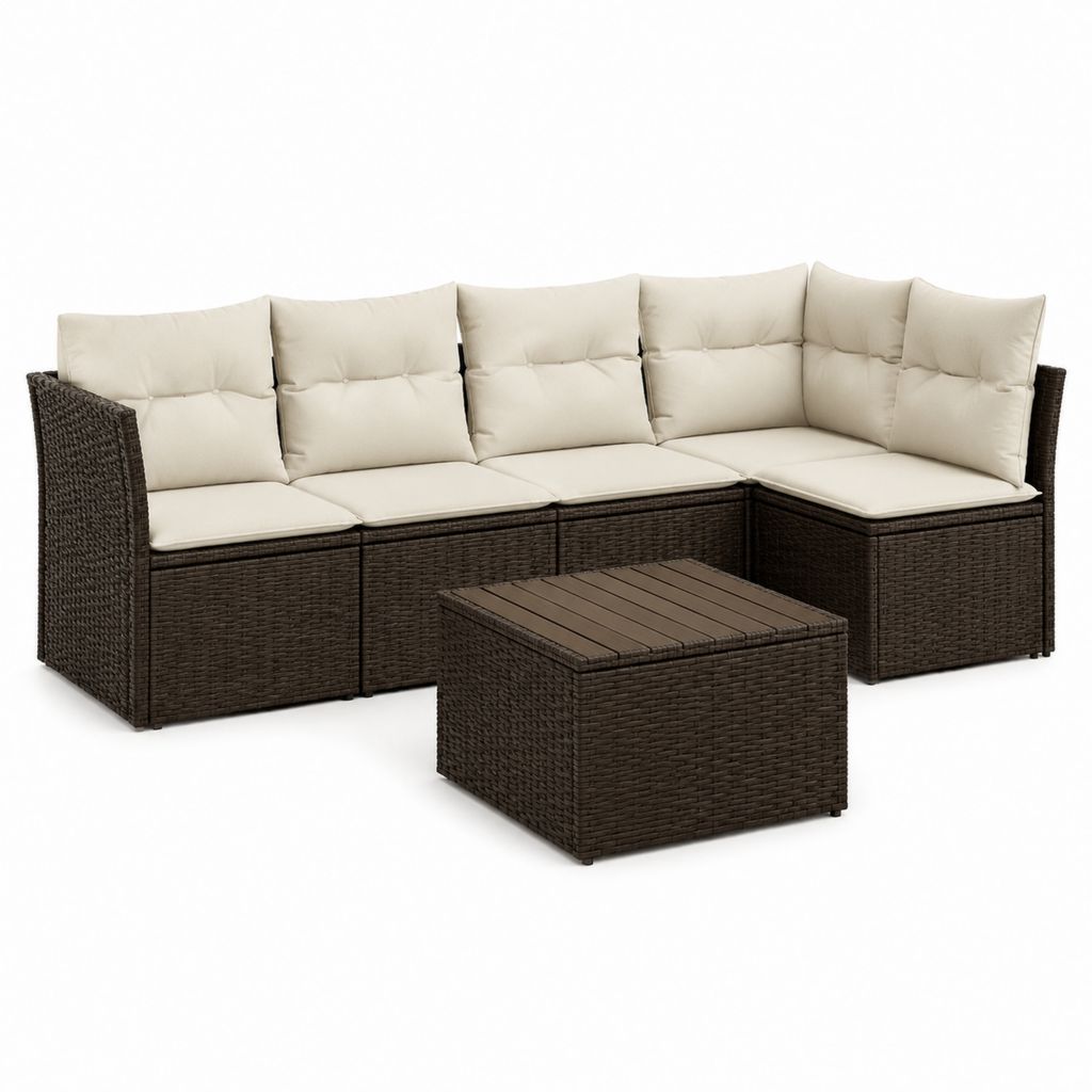 Salon de jardin d'angle 4 pièces marron en résine tressée PE avec coussins polyester 210 x 210 x 70 cm table 70 x 70 x 35 cm