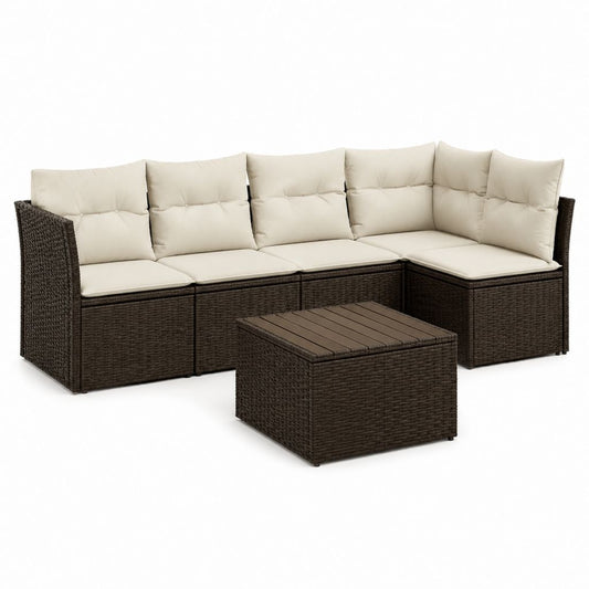 Salon de jardin d'angle 4 pièces marron en résine tressée PE avec coussins polyester 210 x 210 x 70 cm table 70 x 70 x 35 cm