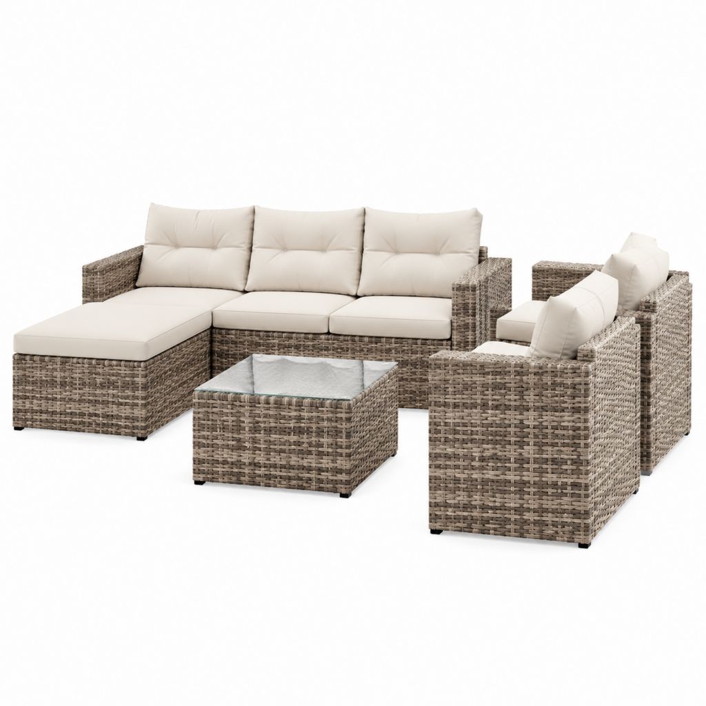 Salon de jardin 6 pièces en résine tressée taupe avec coussins beige canapé d'angle 180 x 70 x 65 cm