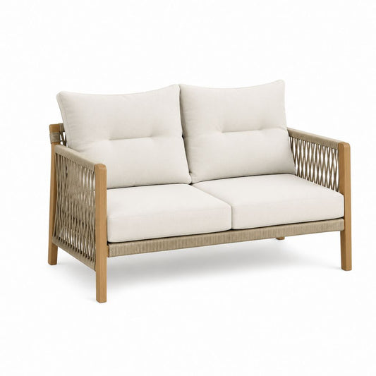 Canapé de jardin 2 places beige en bois d'acacia et corde tressée 140 x 75 x 78 cm