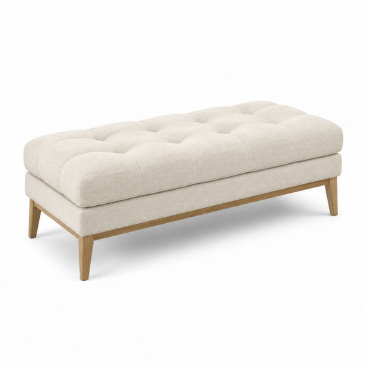 Banc de bout de lit capitonné rectangulaire beige en polyester et bois massif 120 x 45 x 45 cm