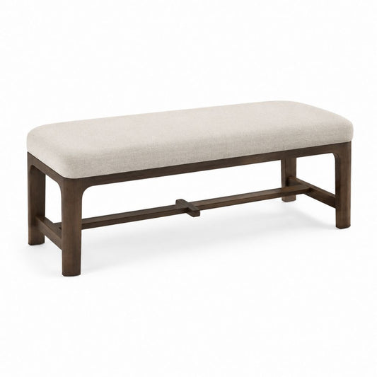 Banc de bout de lit rectangulaire beige et brun foncé en bois d'hévéa massif avec assise rembourrée 120 x 40 x 46 cm