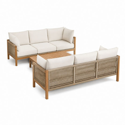 Salon de jardin 2 canapés 3 places et table basse beige en bois massif d'acacia 200 x 75 x 78 cm