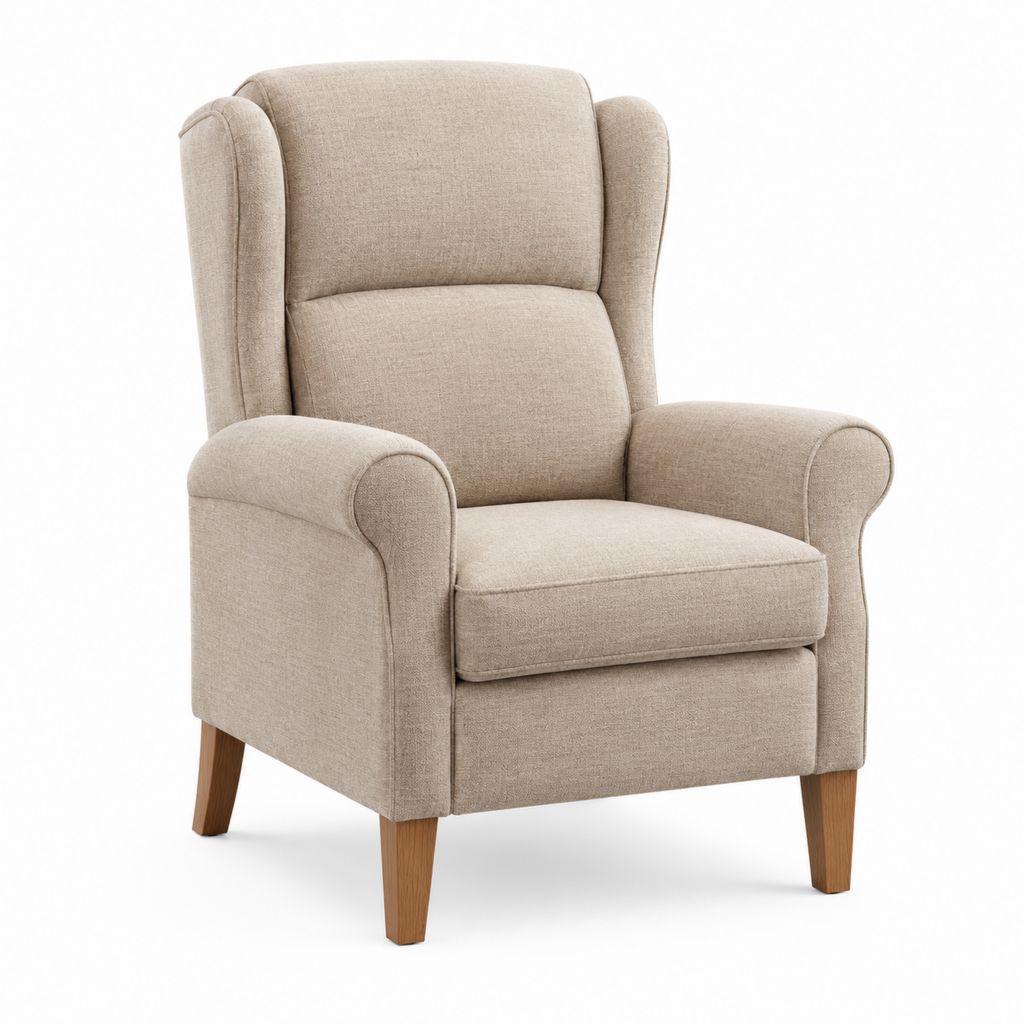 Fauteuil bergère beige en polyester avec pieds en bois massif 80 x 85 x 105 cm