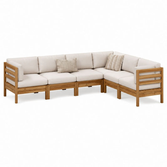 Canapé de jardin d'angle modulable 5 places en acacia massif naturel avec coussins écru 280 x 210 x 75 cm