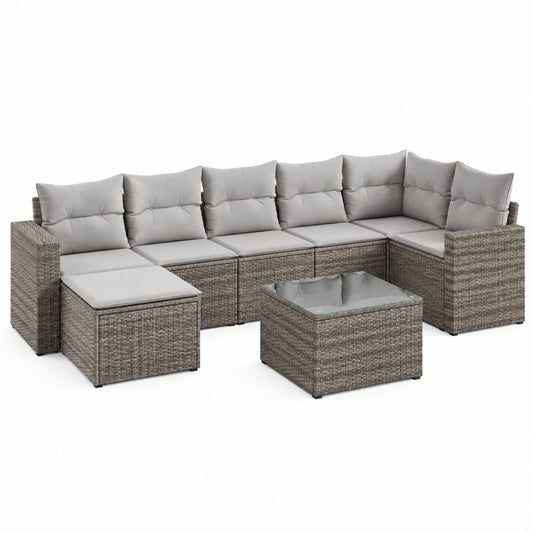 Salon de jardin modulable 8 pièces gris en résine tressée PE avec coussins et table basse 280 x 210 x 65 cm
