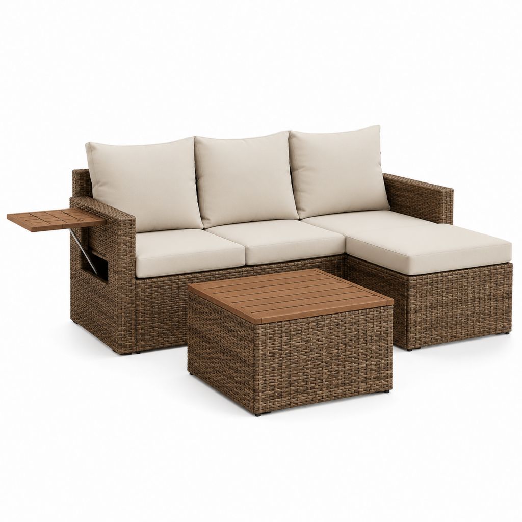 Salon de jardin d'angle 4 pièces brun et beige en résine tressée PE avec coussins 230 x 150 x 85 cm