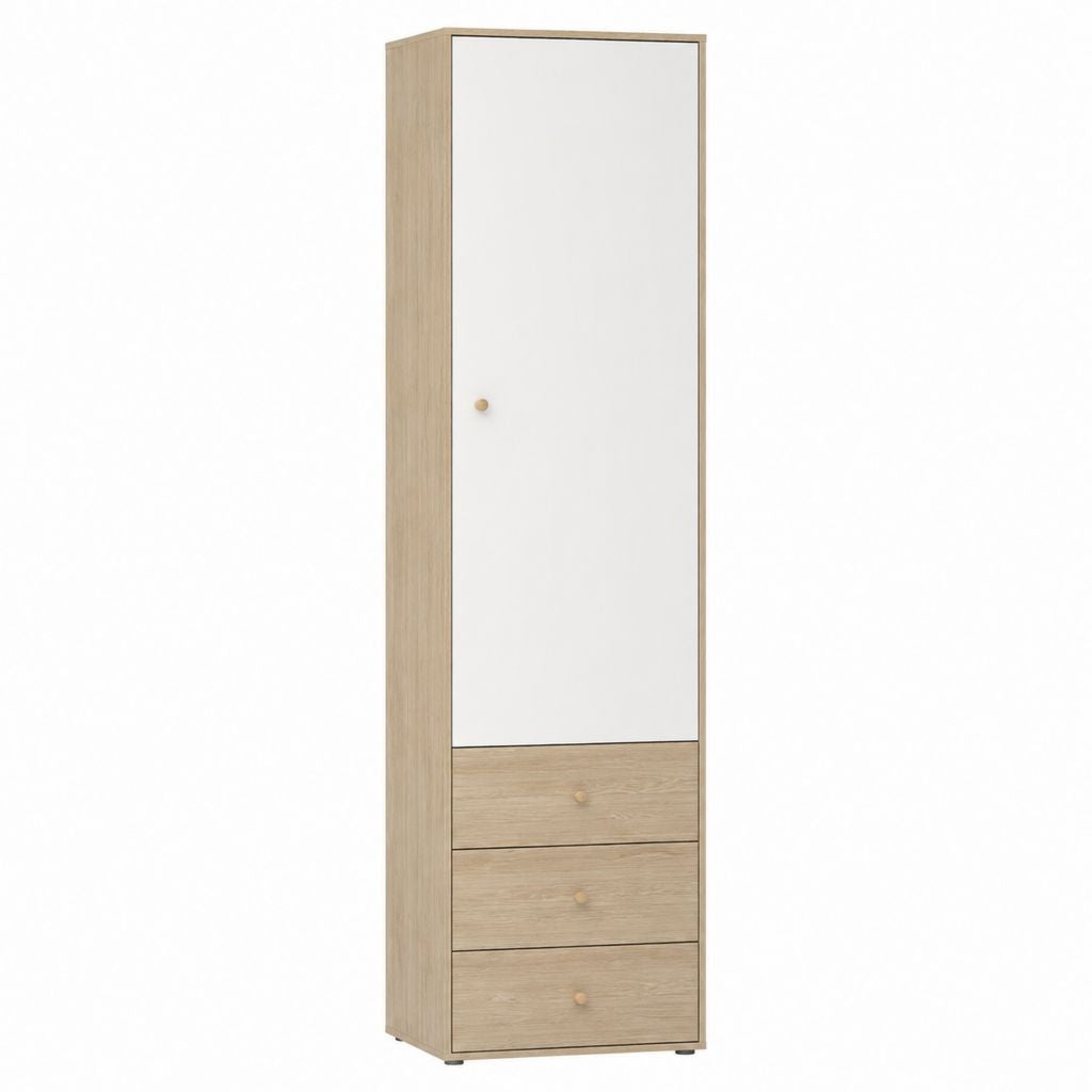 Armoire de rangement 1 porte 3 tiroirs blanche et chêne clair en panneaux de particules 180 x 50 x 40 cm
