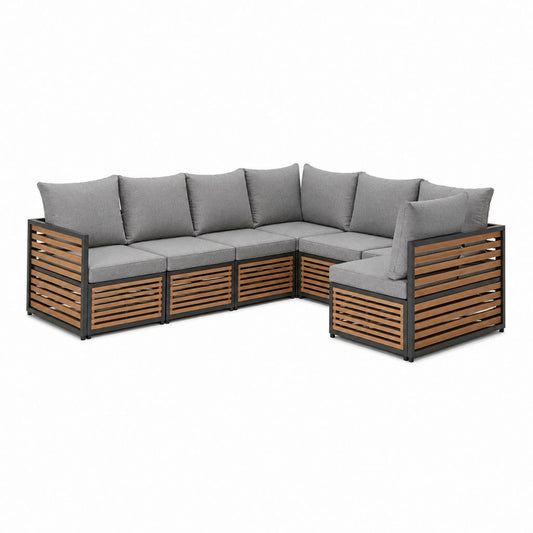 Salon de jardin d'angle 5 places gris acier thermolaqué acacia massif 250 x 180 x 65 cm