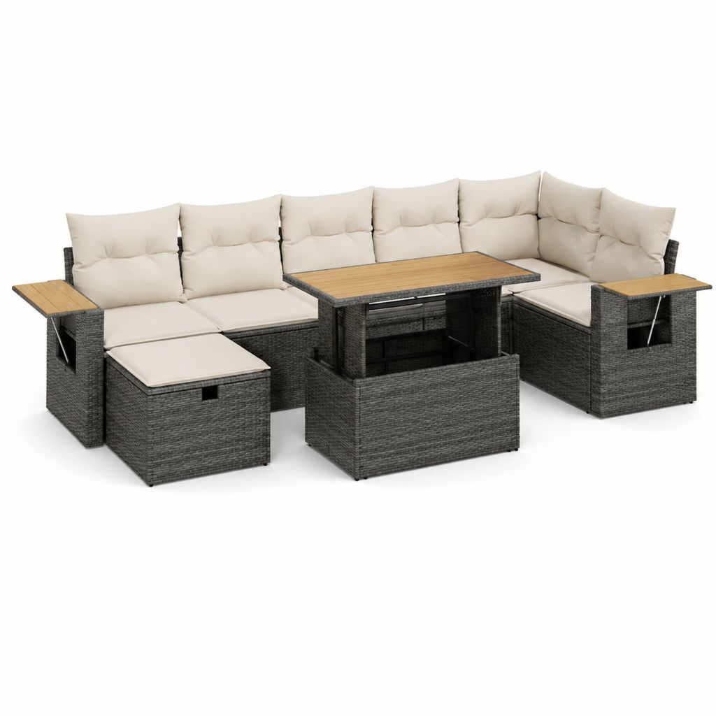 Salon de jardin modulable 8 places gris anthracite en résine tressée PE avec coussins beige et table relevable 320 x 250 cm