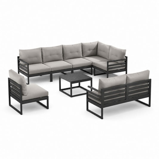 Salon de jardin 6 places en aluminium noir avec coussins gris et table basse 246 x 246 cm