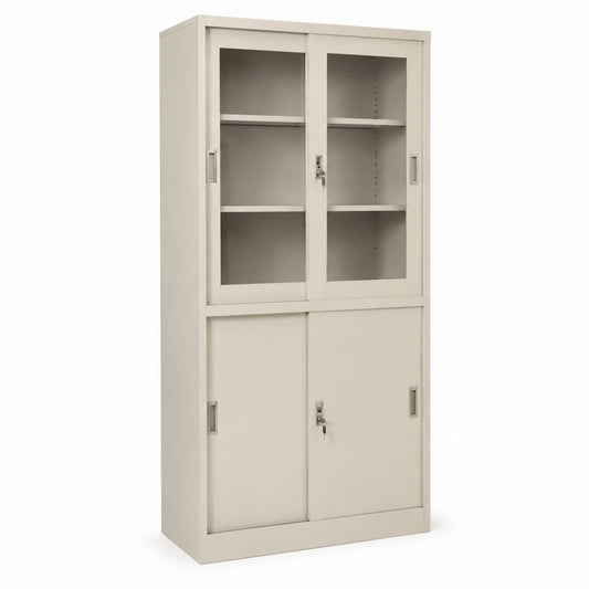 Armoire de bureau à portes coulissantes beige en acier avec vitrines 90 x 45 x 185 cm