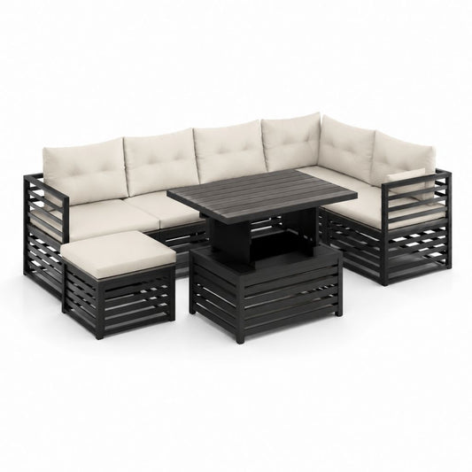 Salon de jardin 4 pièces noir et beige en acier thermolaqué avec coussins en polyester 280 x 210 cm