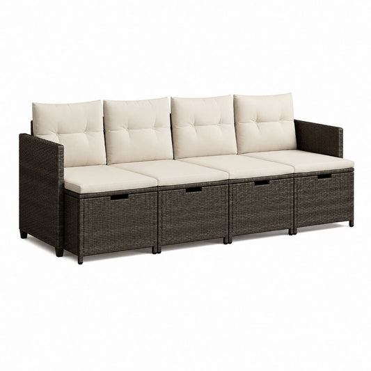 Canapé de jardin 4 places avec rangement brun en résine tressée PE 280 x 70 x 60 cm avec coussins crème