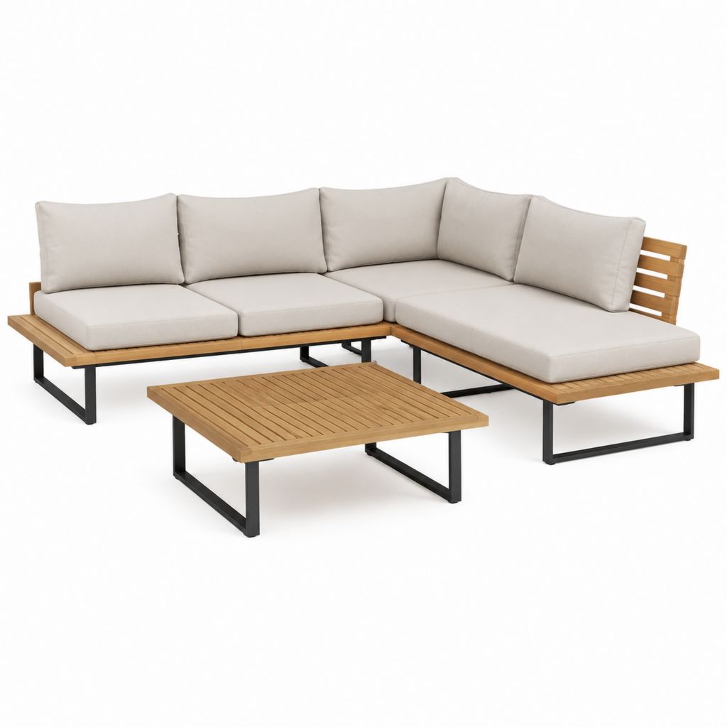 Salon de jardin d'angle 4 pièces beige en acacia massif et acier avec coussins 250 x 190 cm