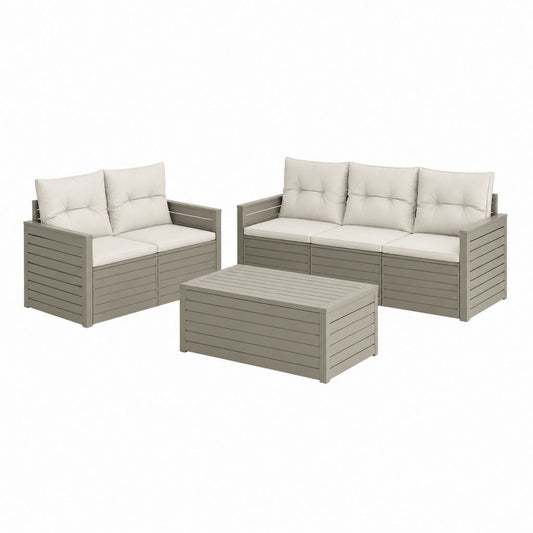 Salon de jardin 6 places taupe en polypropylène avec coussins beige 2 canapés et table basse 181 x 66 x 76 cm