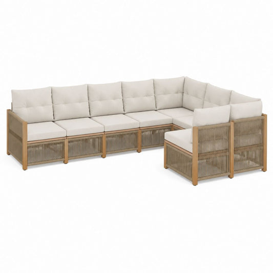 Salon de jardin d'angle 5 places avec fauteuil beige en acacia massif et corde tressée 300 x 225 cm