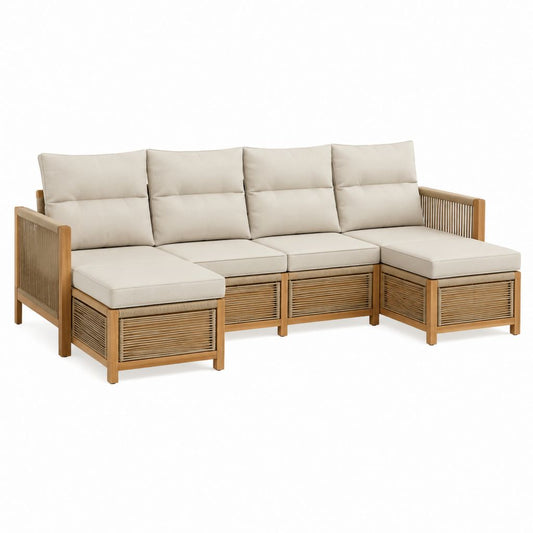 Canapé de jardin d'angle 4 places beige en bois d'acacia avec corde tressée 260 x 180 x 76 cm